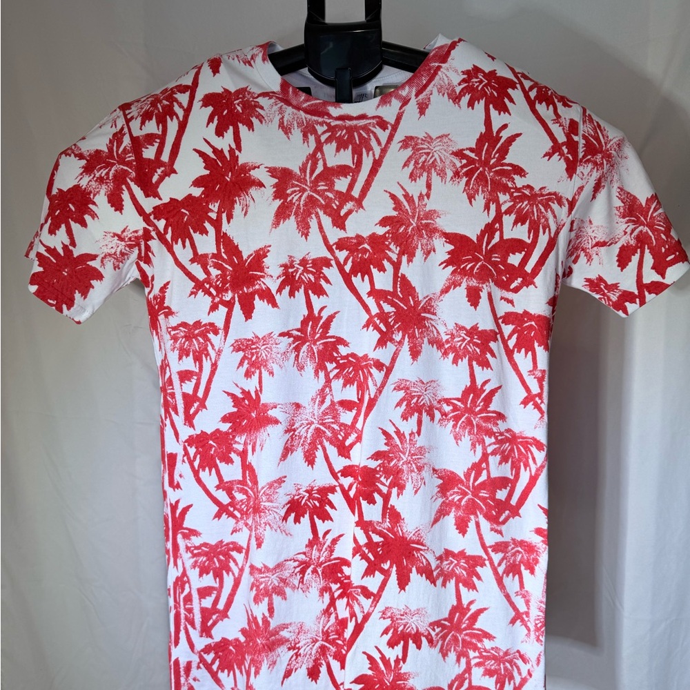 Have It Tall White & Red Tropical Palm Print Crew Neck Short Sleeve Tee Size LT